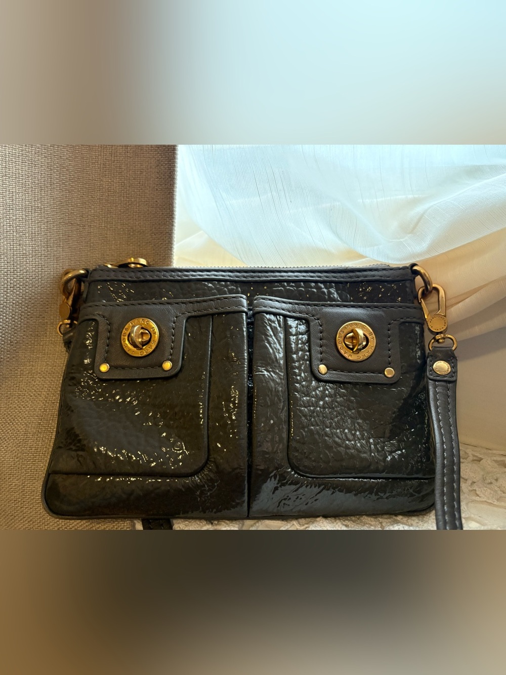 Marc Jacobs Black Patent Shoulder Bag with Gold-Tone Hardware